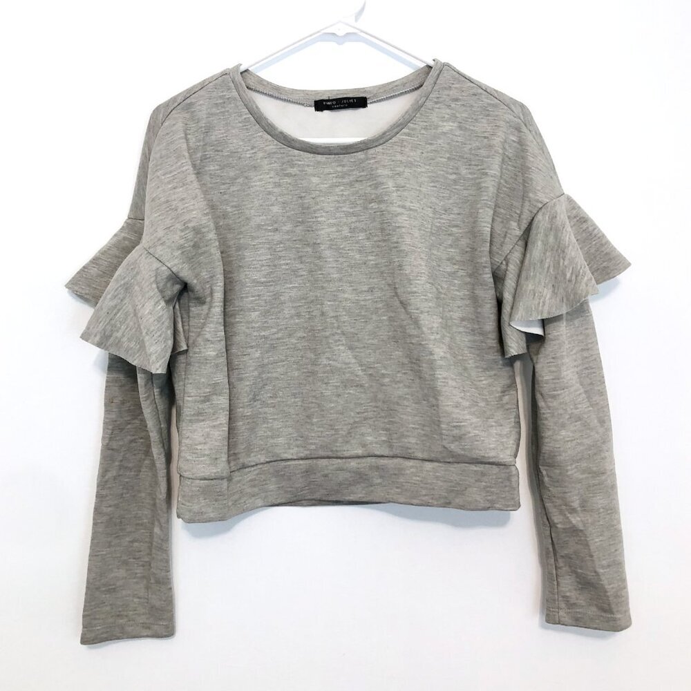ROMEO JULIET COUTURE Heather Gray Ruffle Sleeve Crop Cropped Crewneck Sweatshirt